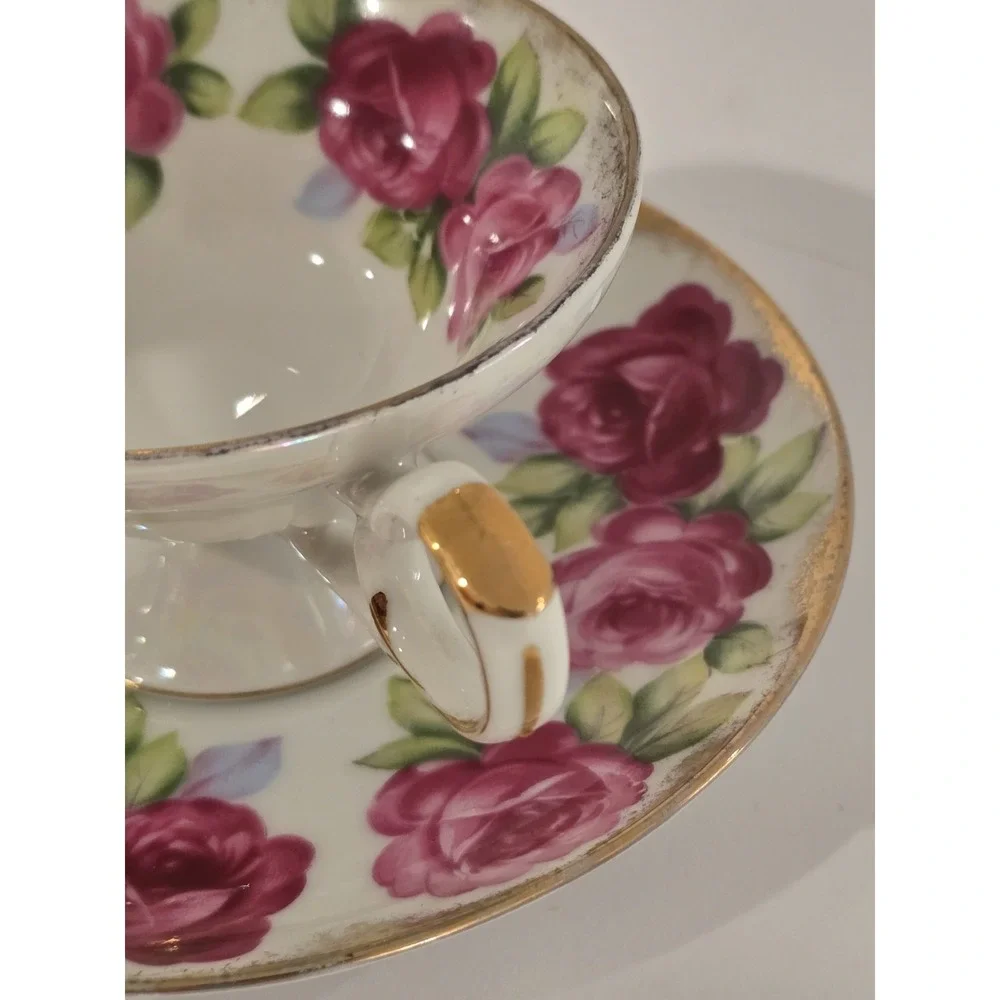 Vtg Del Mar Japan Hand Painted Pink Roses Teacup and Saucer Lusterware Gold